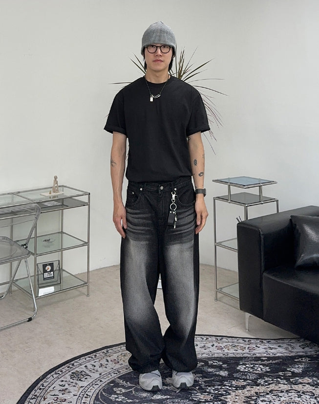 【SATIIIZ】Kady Black Washed Wide Denim Pants SATIIIZ (サティーズ) - ケイディブラックウォッシュ加工ワイド