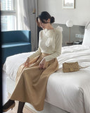 Mazren Jacquard Banding Pleat Long Skirt