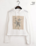 Tilla Linen See-through Color Matching Slim Long Sleeve Hood T-shirt