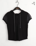 Holka mesh cap sleeve semi- zip-up short-sleeved hooded T-shirt