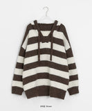 Kyuen Stripe Wool V-Neck Hood Knit