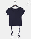 Dessa Back Slit Ribbon Ribbed U-Neck Short Sleeve T-Shirt