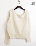 Letzel Cashmere Wool Unbalance Deep U Neck Off Shoulder Crop Long Sleeve Knit