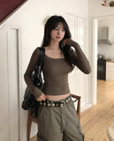 [U-BASIC] Marron Square Neck Slim Long Sleeve