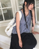 Mobe pin tuck check frill sleeveless blouse