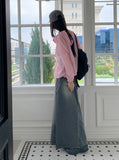 Lazer cut patch maxi denim long skirt