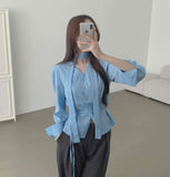 Waist Strap Neck Tie Balloon Puff Blouse
