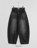 [unisex] Balon Lettering Washing Denim Black Blue Balloon Wide Pants