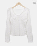 Rome Flower Ribbon V-Neck Long Sleeve T-Shirt