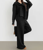 Shawl V-Neck Knit Long Wide Banding Pants Three Piece Wool Two Piece Set