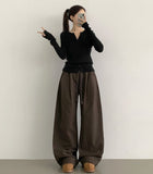 Autumn Peach Processed Pintuck Loose Wide Fit Banding Cotton Pants