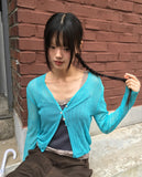 Sewn V-neck see-through button crop cardigan