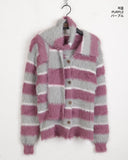 [Muffler Set] Jes Fur Stripe Color Matching Collar Knit Long Sleeve Cardigan