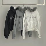 Brushed Two-Way Embroidered Lettering Loose Fit Fur Hood Zip-Up
