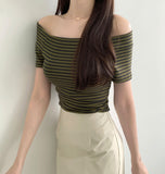 Stripe Span Off-shoulder Slim Fit Basic Length Short Sleeve T-shirt
