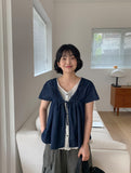 Cheatero Denim Layered Short Sleeve Blouse
