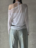 Boat neck long sleeve see-through knit