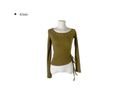 Denk Shirring Eyelet Crop Lip Neck T-shirt