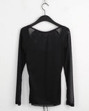 Petitron see-through ribbon strap long sleeve blouse