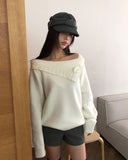 Bohan one-off-shoulder flower pendant wool long-sleeved knit