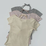 Slim Fit Cup Halter Strap Fake Layered Shirring Short Sleeve T-shirt