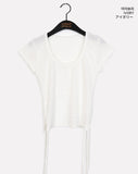 Celty Embossing Back Slit Strap U-Neck Short Sleeve T-shirt