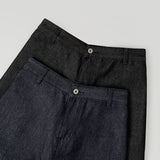 Raw back point button roll-up mega wide fit denim pants