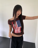 Richin American Flag Stud Rivet Unbalanced Off-shoulder Short Sleeve T-shirt