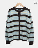 Woolen Stripe Round Knit Cardigan