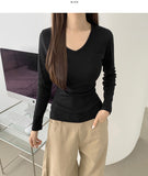 V-neck Side Shirring Point Daily Slim Fit Long Sleeve T-shirt