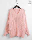 Length cable V-neck loose fit long long sleeve knit