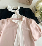 Kain Puff Color Matching Tie-Neck Short Sleeve Blouse