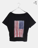 Det Vintage American Flag Printing One-Off-Shoulder Short Sleeve T-Shirt