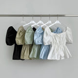 Summer Ribbon Puff Balloon Short Sleeve Flare Blouse