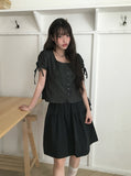 Henry Ribbon Pintuck Shirring Square Short Sleeve Blouse