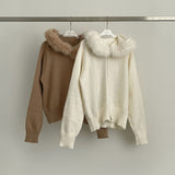 Two-Way Fur Hood Slim Fit Knit Zip-Up