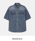 Ruff unbalanced pocket denim short sleeve shirt