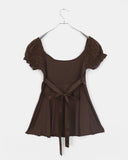 Kiaco Heart Neck Puff Ribbon Punching Short Sleeve Blouse