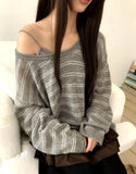Curled Stripe Round Neck Loose Fit Long Sleeve Knit