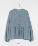 Rikki Round Button Check Shirring Blouse