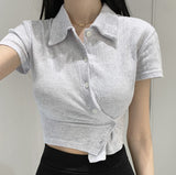 [MADE] Collar Cooling Slim Sexy Short Sleeve Cropped Wrap Shirt
