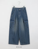 Senmo washed denim banding wide cargo pants