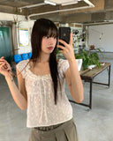 Shua lace punching ribbon puff blouse