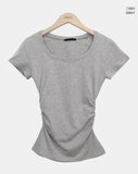 NER Deep U-Neck Round Side Shirred Short Sleeve T-Shirt