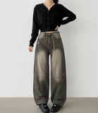 Unique Cut Line Damage Point Balloon Wide Denim Pants