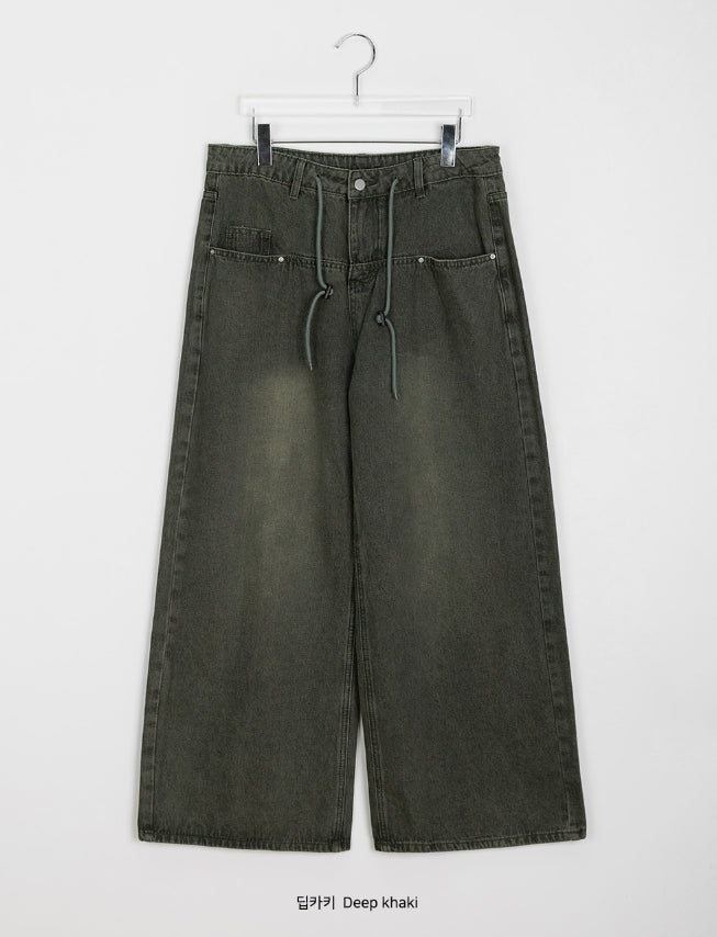 【BAON】Dottio String Washing Wide Pants BAON (バオン) - ドティオストリングウォッシュ加工ワイドパンツ