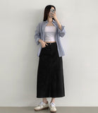 H-line Loose Back Slit Cotton Long Skirt
