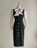 Liddell Tie Shirring Color Matching Tweed One Piece