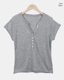 Skew Button V-Neck Short Sleeve Knit