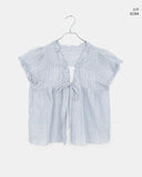 Hichu Stripe Frill Lace Ribbon Short Sleeve Blouse